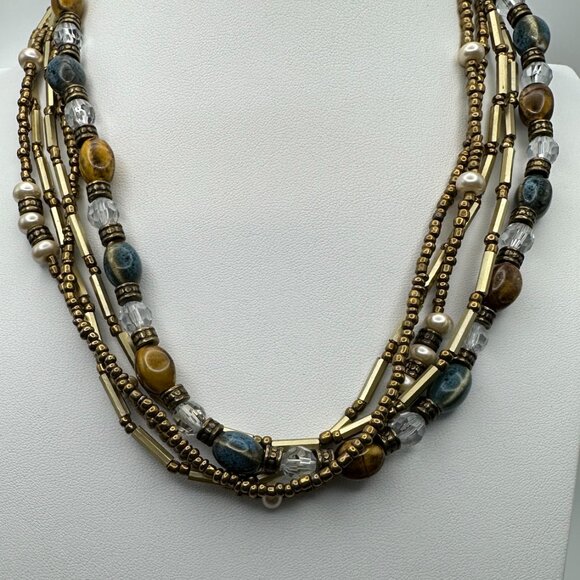 Vintage Premier Designs 5 strand gold tones and glass beads necklace. - Picture 3 of 8
